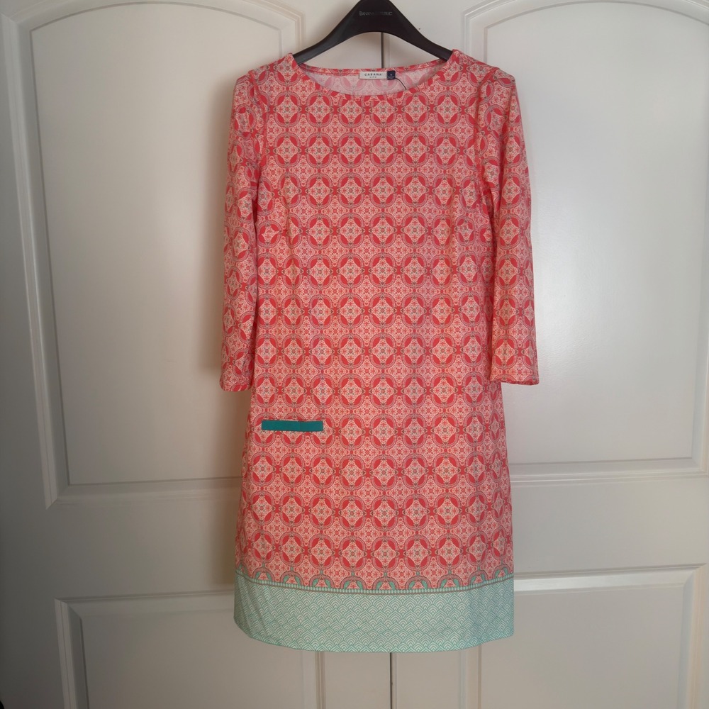 Cabana Life Women Coral Geometric Print 3/4 Sleeve UPF 50+ Shift Dress Size M